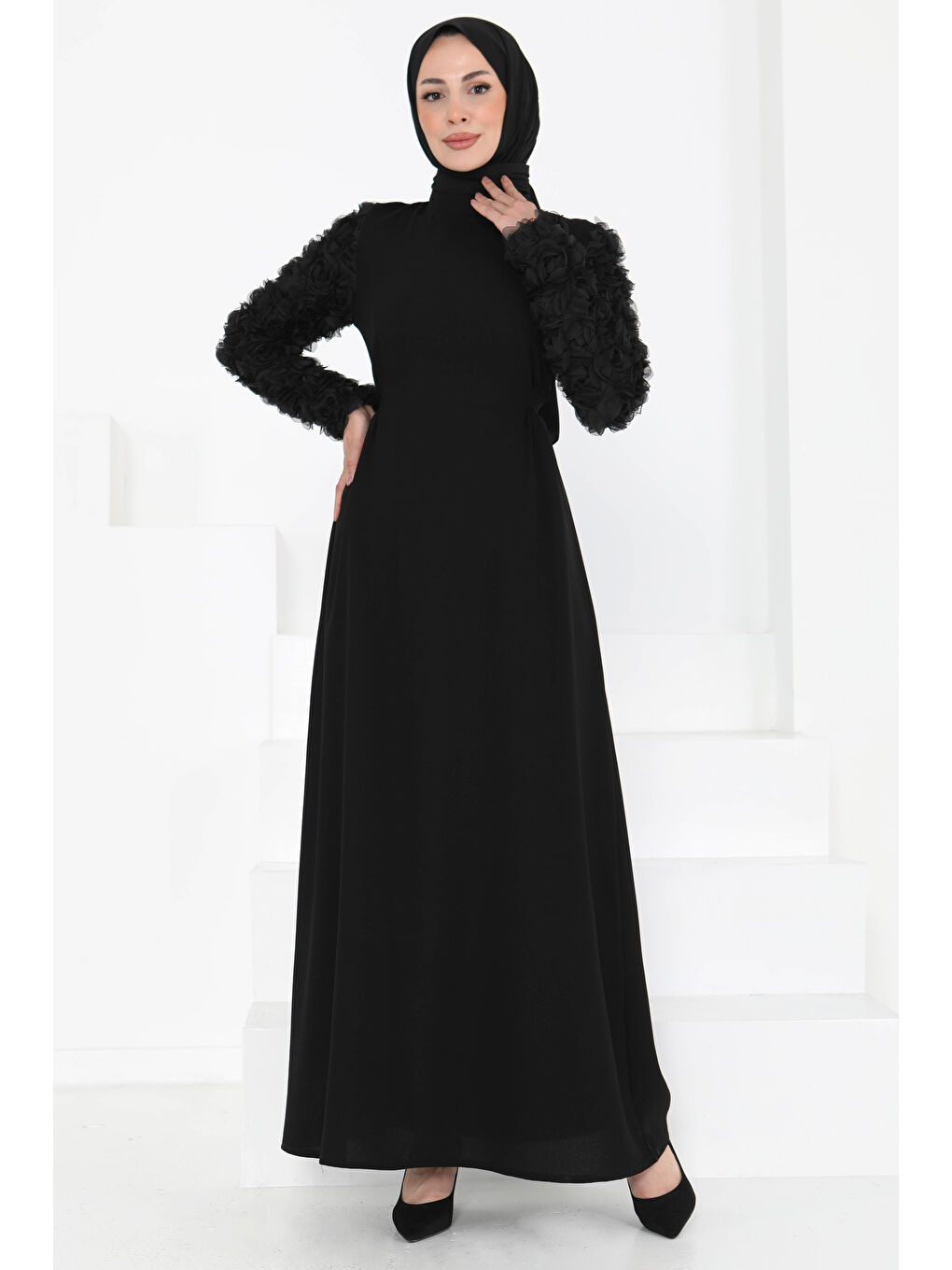 Kolu Güllü Elbise Siyah - 27185-5