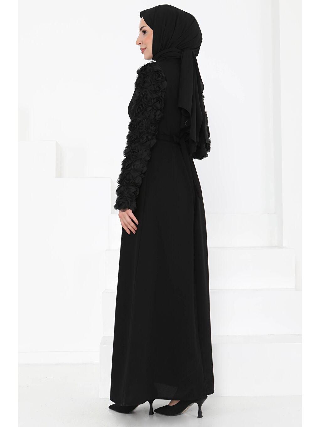 Kolu Güllü Elbise Siyah - 27185-6