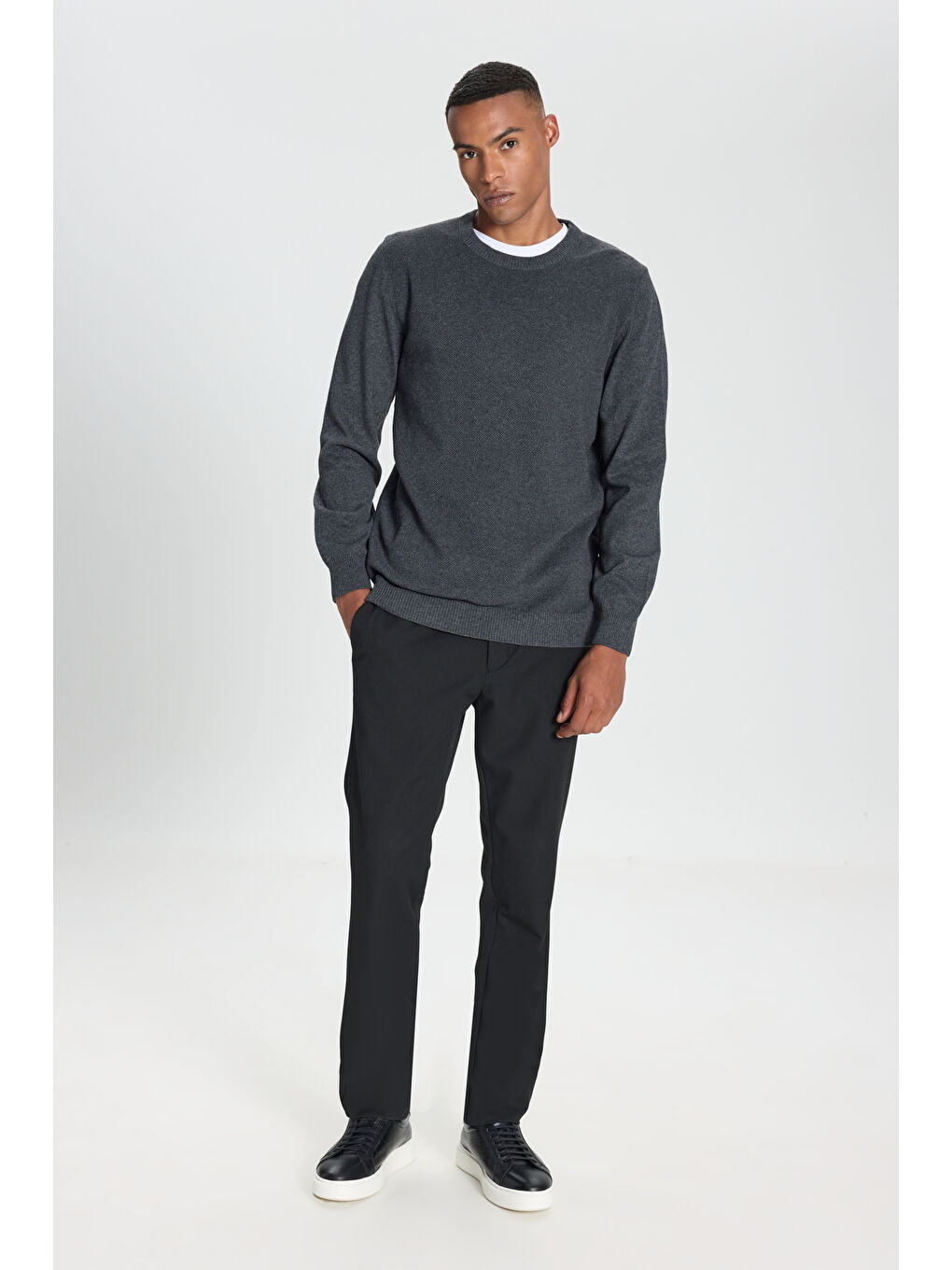 Erkek Antrasit-Melanj Pamuklu Standart Fit Normal Kesim Bisiklet Yaka Jakarlı Triko Kazak-2