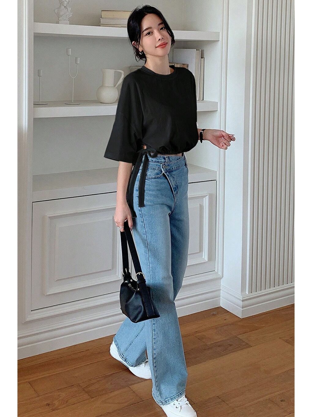 Siyah Kadın Oversize Basic Haki Tişört Yan Bağlamalı Rahat Kesim Günlük Yazlık T-Shirt-1