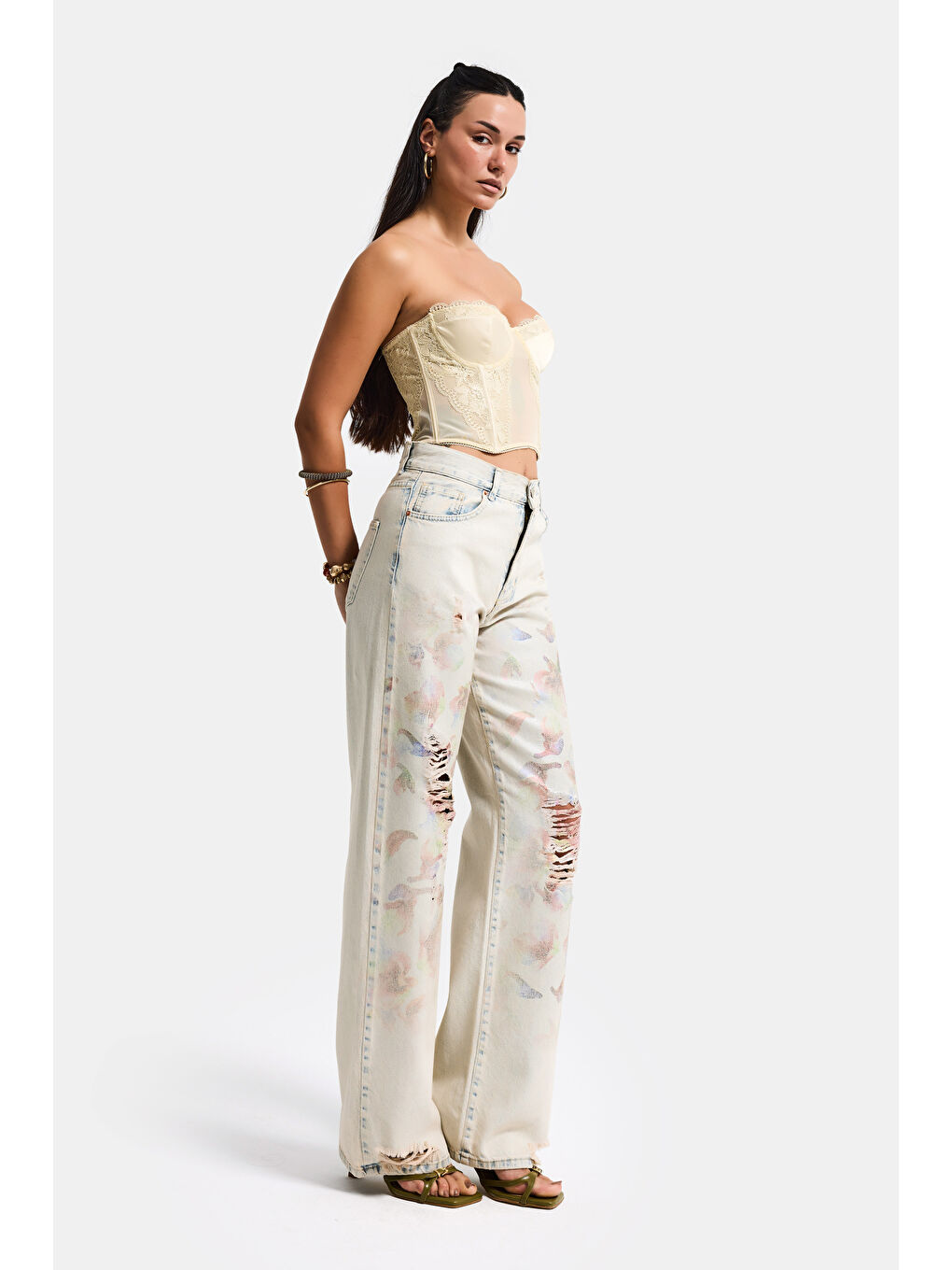 Mavi Kadın T.Kot Rengi 12s6-99 Loose Fit Yırtık Detaylı Çiçek Baskılı Özel Tasarım Denim Jean-2