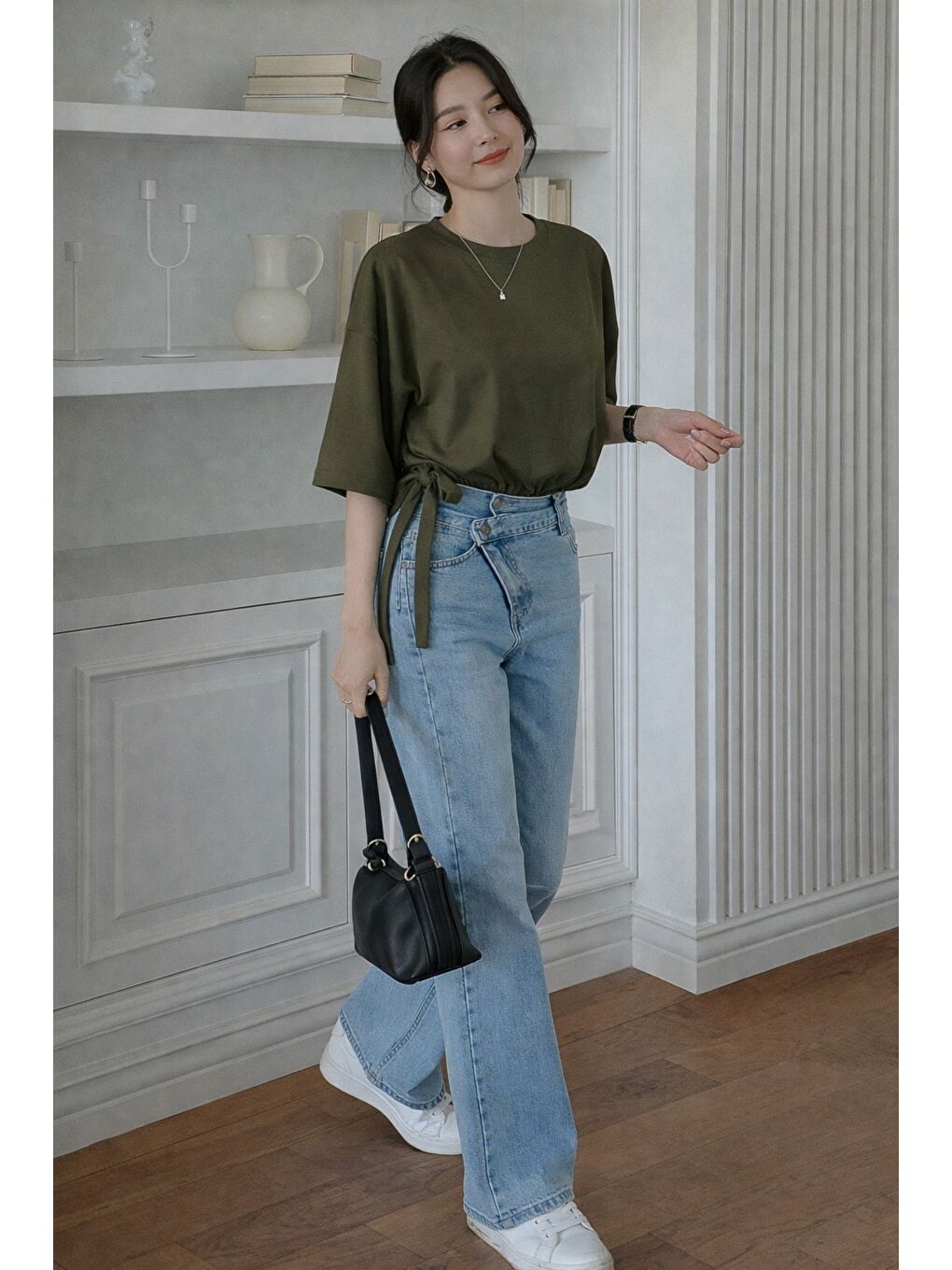 Kadın Oversize Basic Haki Tişört Yan Bağlamalı Rahat Kesim Günlük Yazlık T-Shirt-1