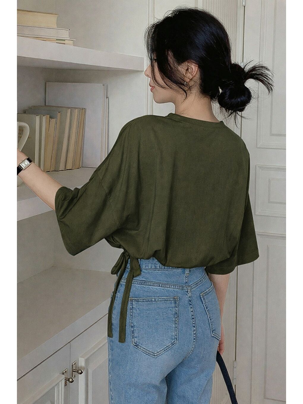 Kadın Oversize Basic Haki Tişört Yan Bağlamalı Rahat Kesim Günlük Yazlık T-Shirt-2