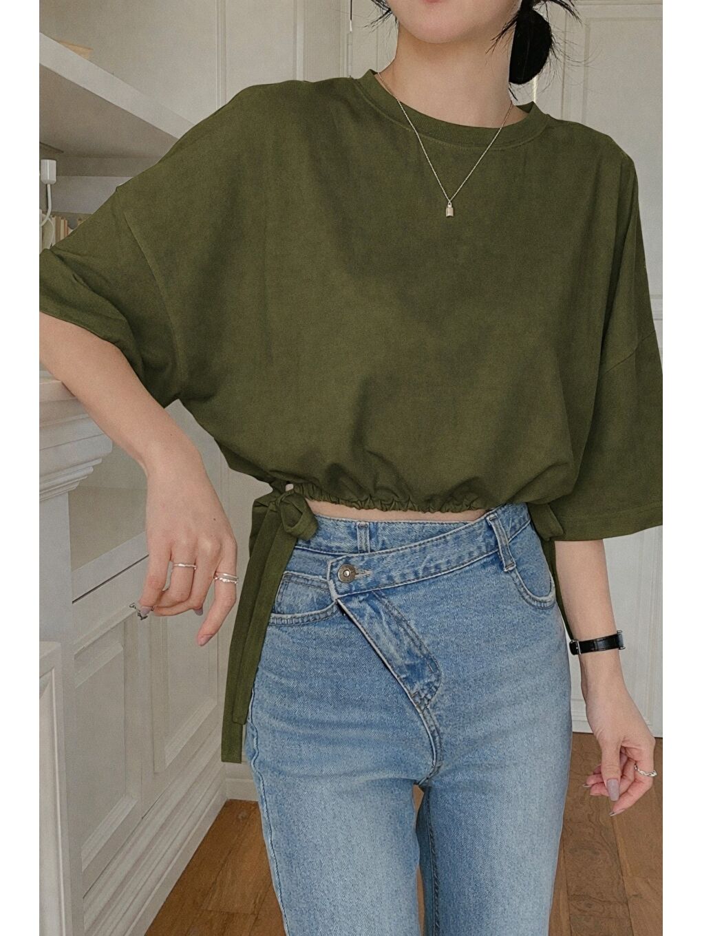 Kadın Oversize Basic Haki Tişört Yan Bağlamalı Rahat Kesim Günlük Yazlık T-Shirt-3