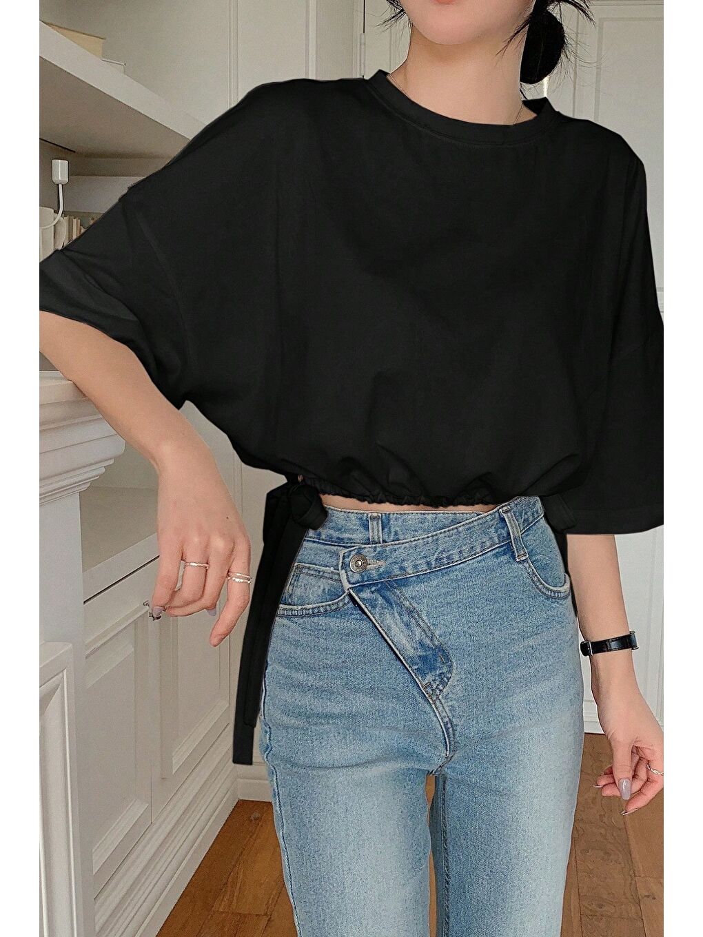 Siyah Kadın Oversize Basic Haki Tişört Yan Bağlamalı Rahat Kesim Günlük Yazlık T-Shirt-2