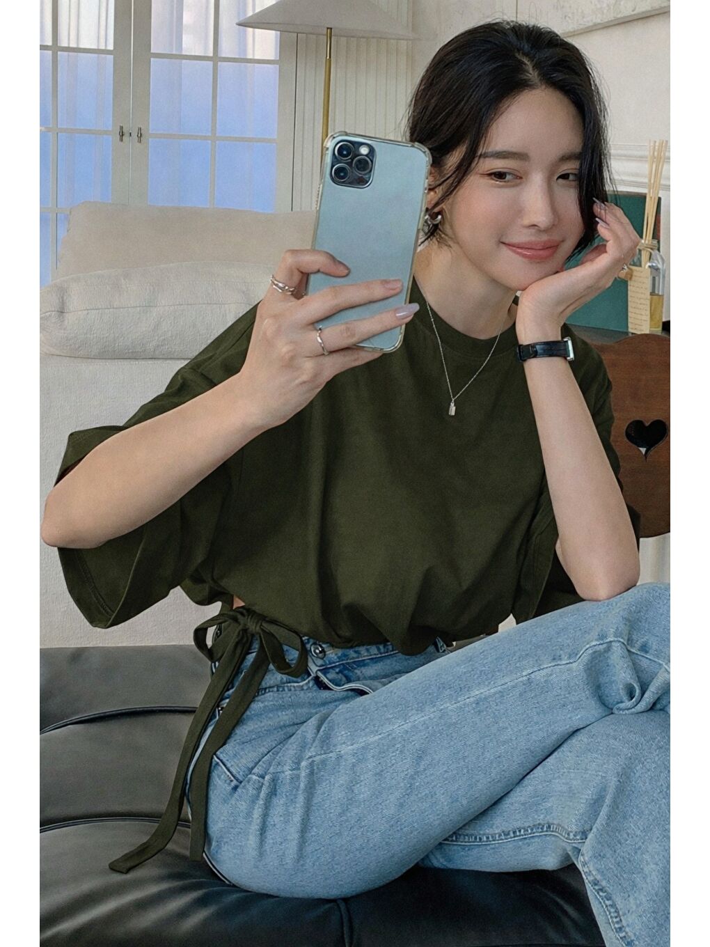 Kadın Oversize Basic Haki Tişört Yan Bağlamalı Rahat Kesim Günlük Yazlık T-Shirt-4