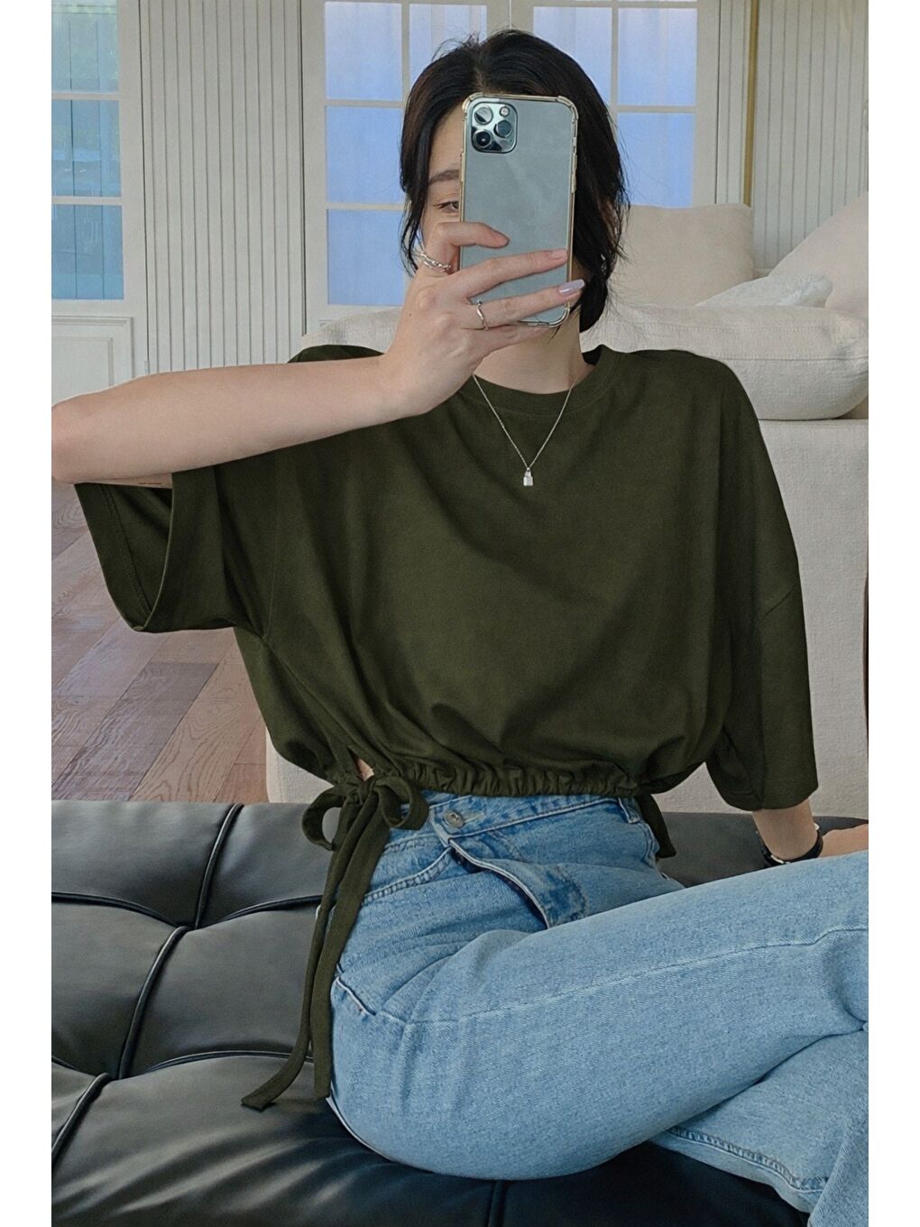 Kadın Oversize Basic Haki Tişört Yan Bağlamalı Rahat Kesim Günlük Yazlık T-Shirt-5