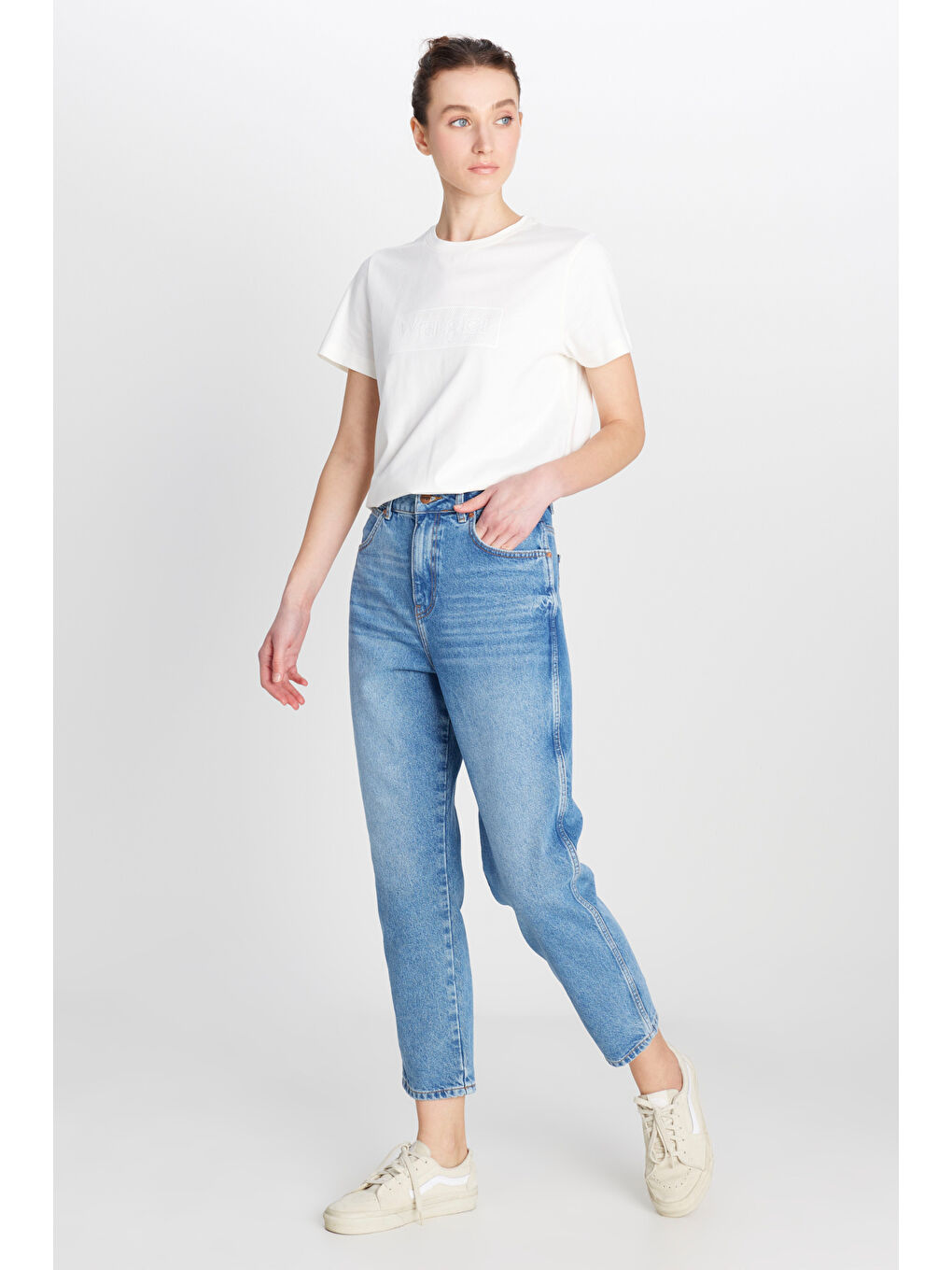 Yeşil %100 Pamuk Mom Fit Yüksek Bel Mavi Jean Denim Pantolon-1