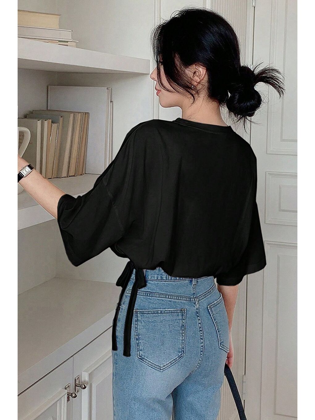 Siyah Kadın Oversize Basic Haki Tişört Yan Bağlamalı Rahat Kesim Günlük Yazlık T-Shirt-3