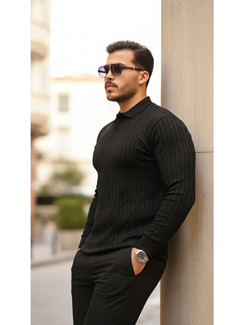 Siyah Erkek Saç örgü Desen Uzun Kollu Triko-1
