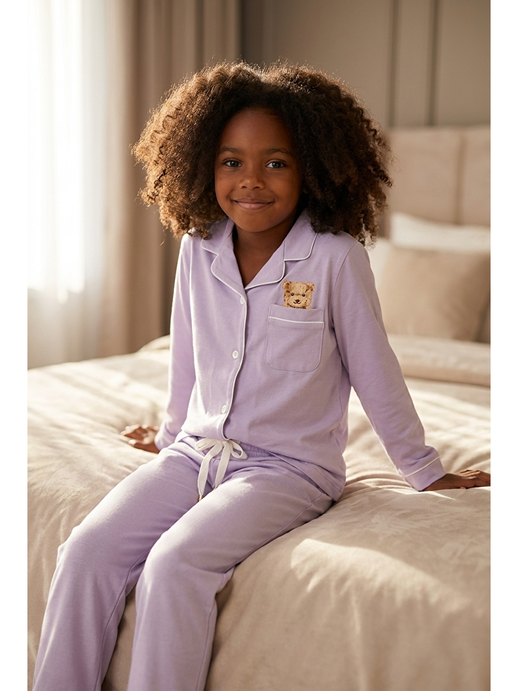 Teddy Kutulu Kız Çocuk Pijama Takımı Lila-3