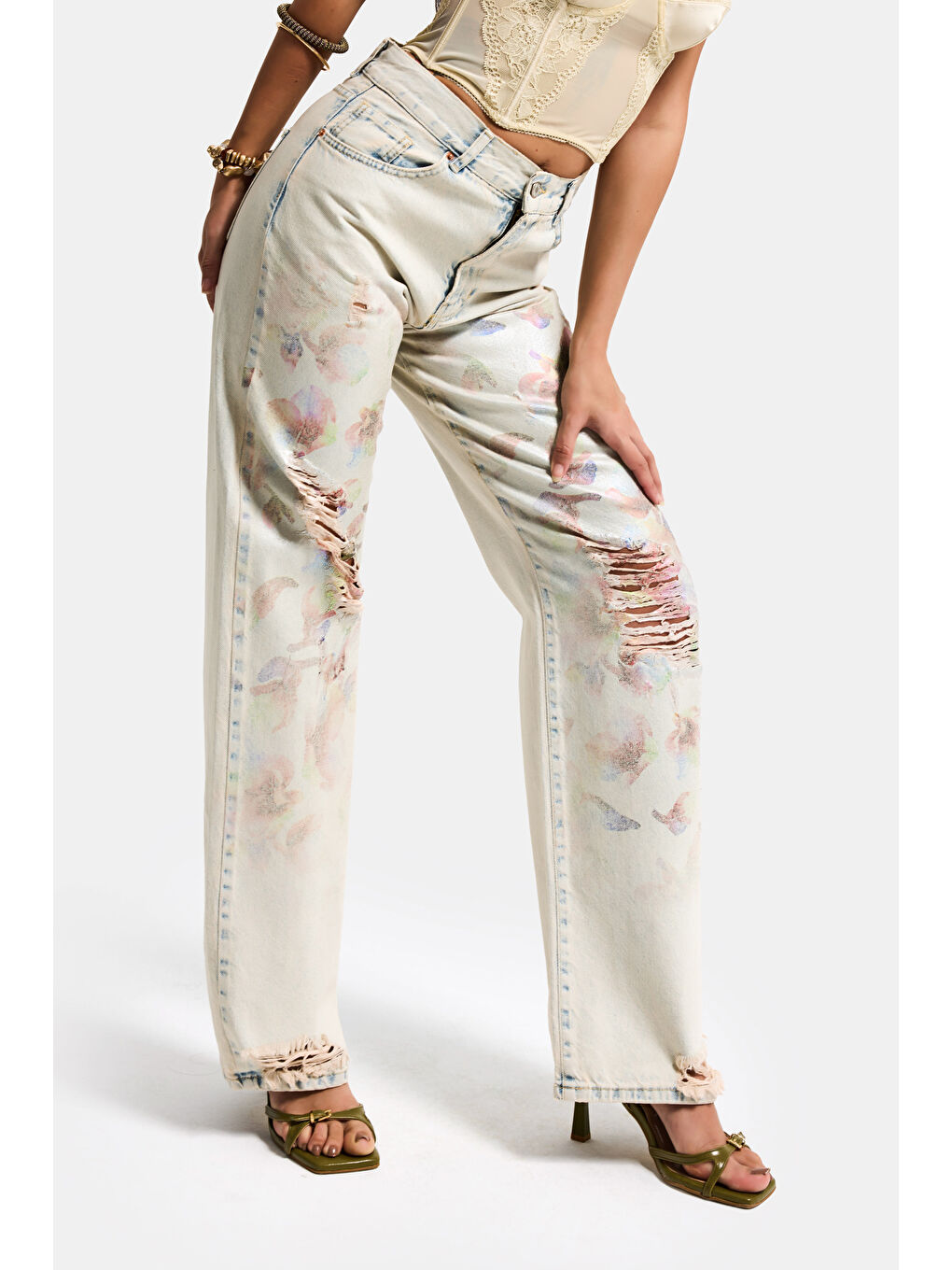 Mavi Kadın T.Kot Rengi 12s6-99 Loose Fit Yırtık Detaylı Çiçek Baskılı Özel Tasarım Denim Jean-4