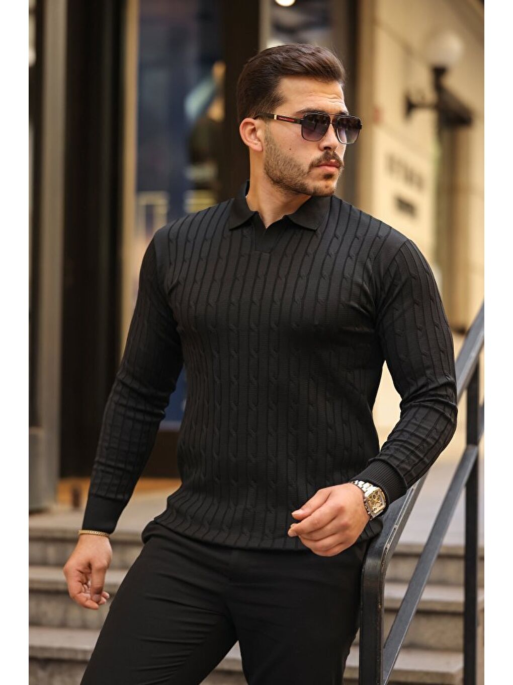 Siyah Erkek Saç örgü Desen Uzun Kollu Triko-2