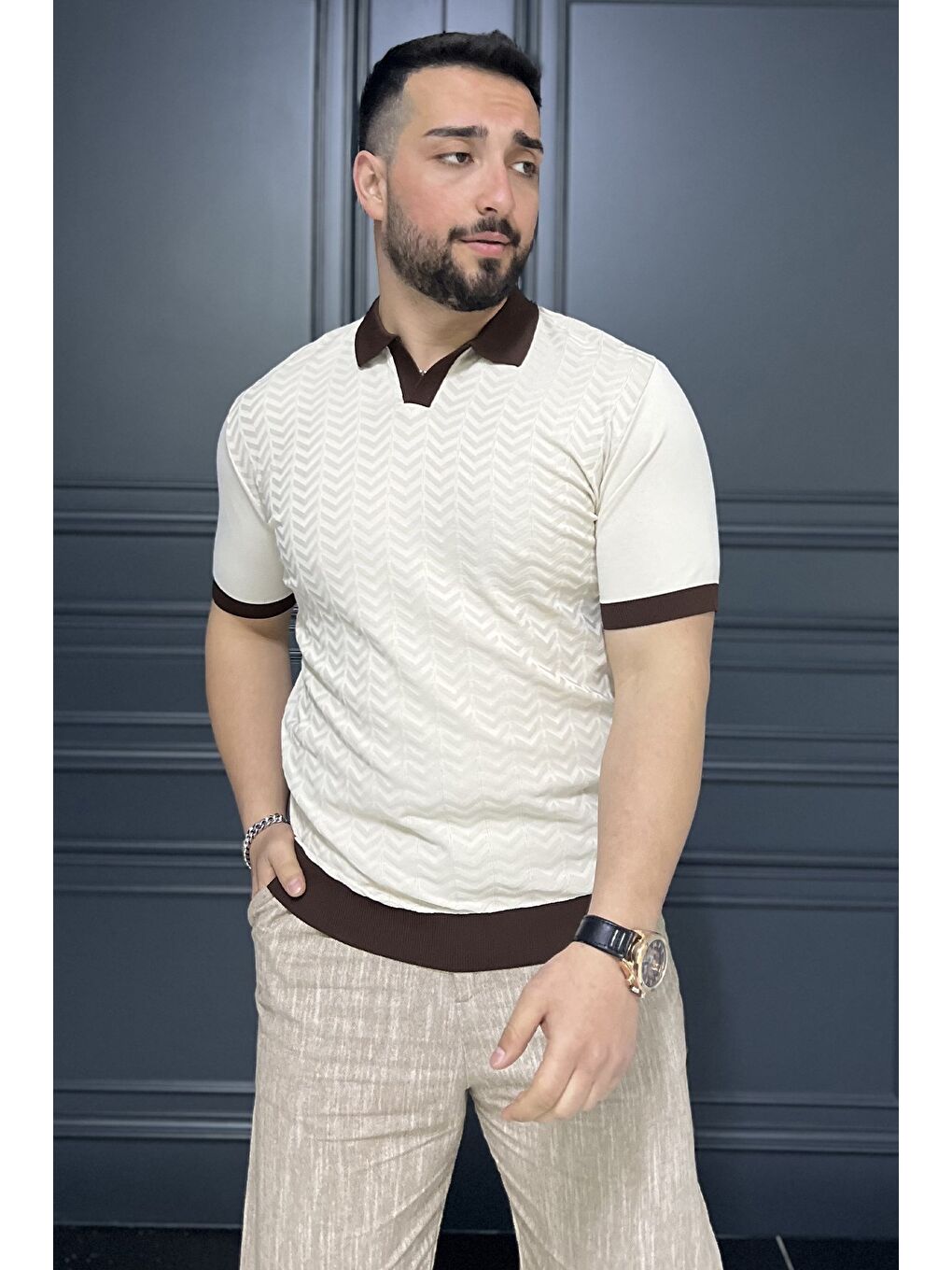 Bej Polo Yaka Erkek Triko Tişört