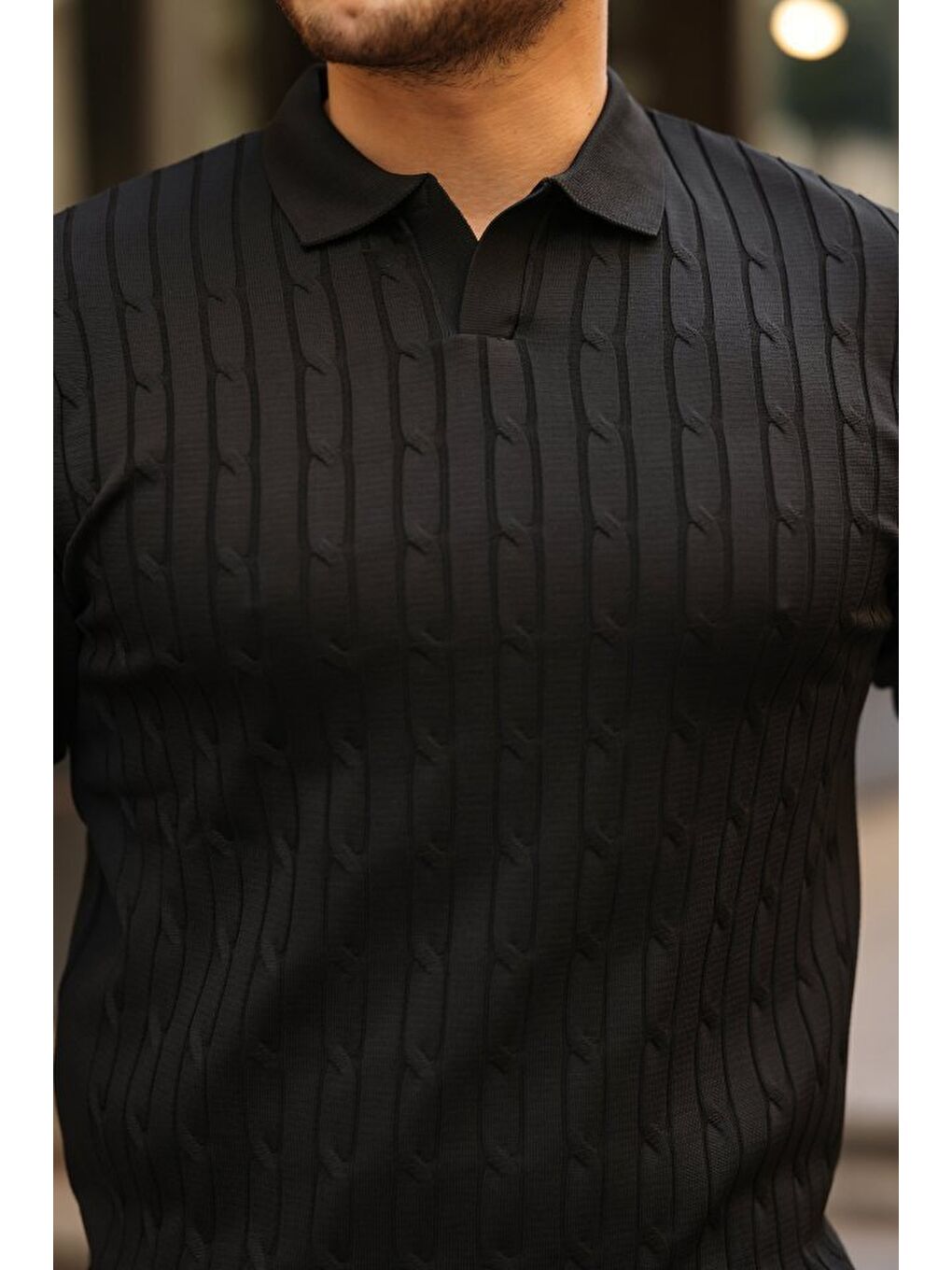 Siyah Erkek Saç örgü Desen Uzun Kollu Triko-3