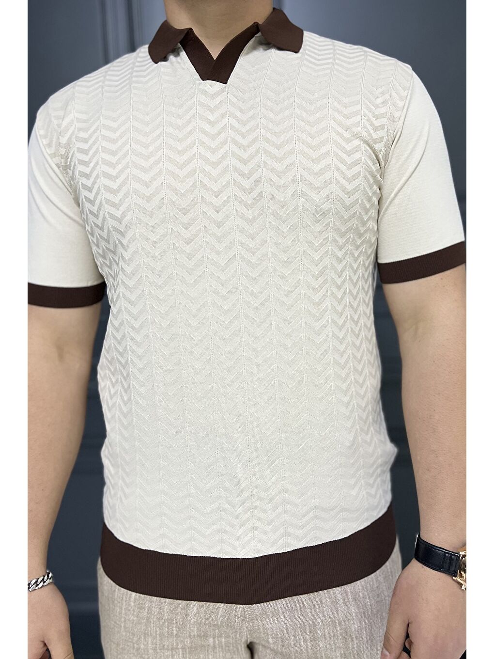 Bej Polo Yaka Erkek Triko Tişört-3