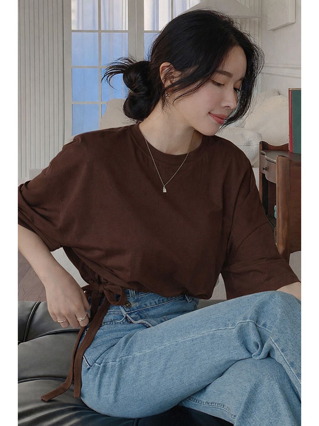 Kahverengi Kadın Oversize Basic Haki Tişört Yan Bağlamalı Rahat Kesim Günlük Yazlık T-Shirt