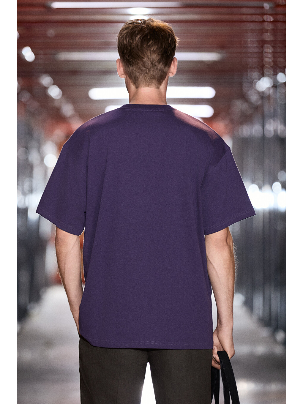 Mor JETT Erkek Oversize Fit %100 organik Pamuk Kalın Dokulu Bisiklet Yakalı KOYU MOR T-Shirt-4