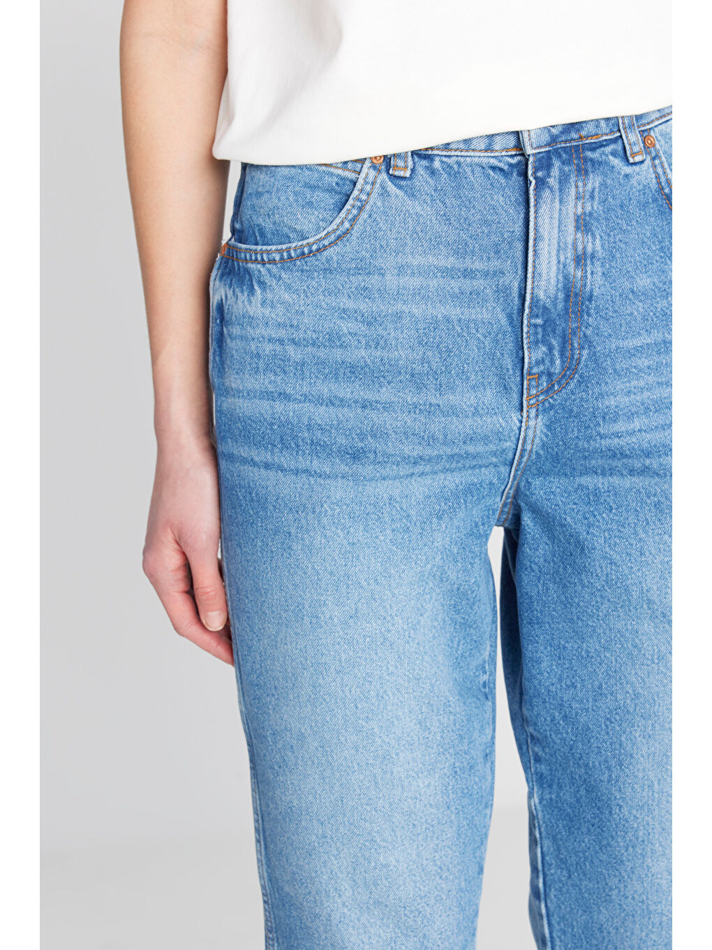 Yeşil %100 Pamuk Mom Fit Yüksek Bel Mavi Jean Denim Pantolon-4