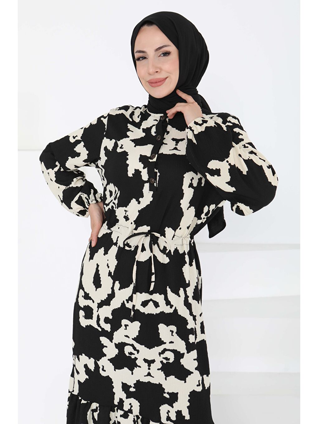 Desenli Düğmeli Elbise Siyah - 27189-1