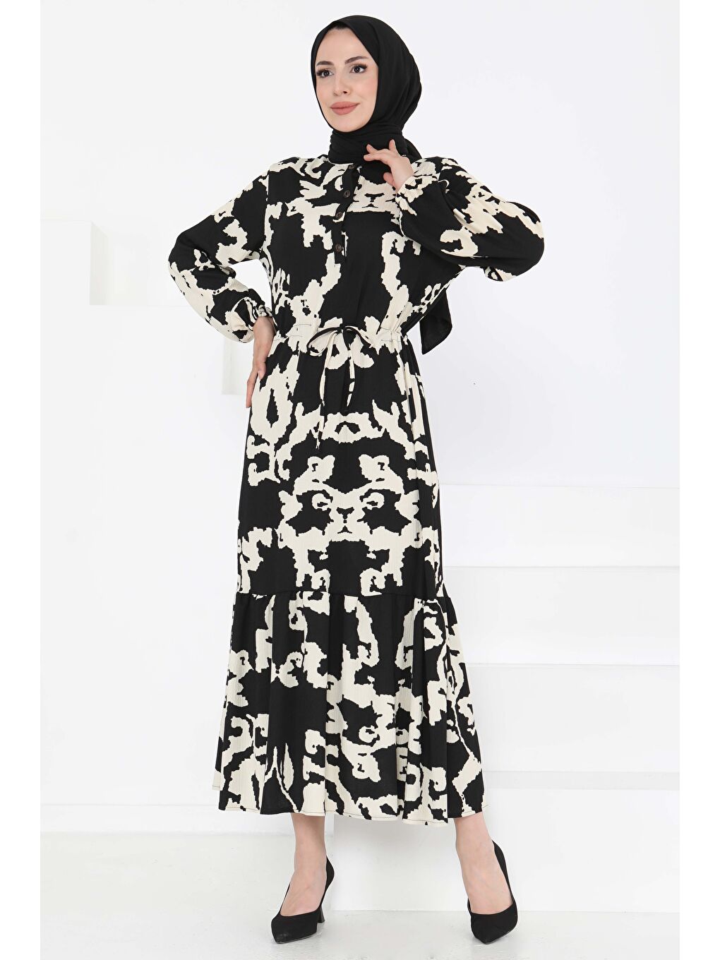 Desenli Düğmeli Elbise Siyah - 27189-2