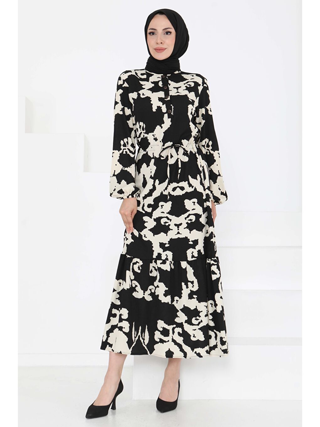 Desenli Düğmeli Elbise Siyah - 27189-3