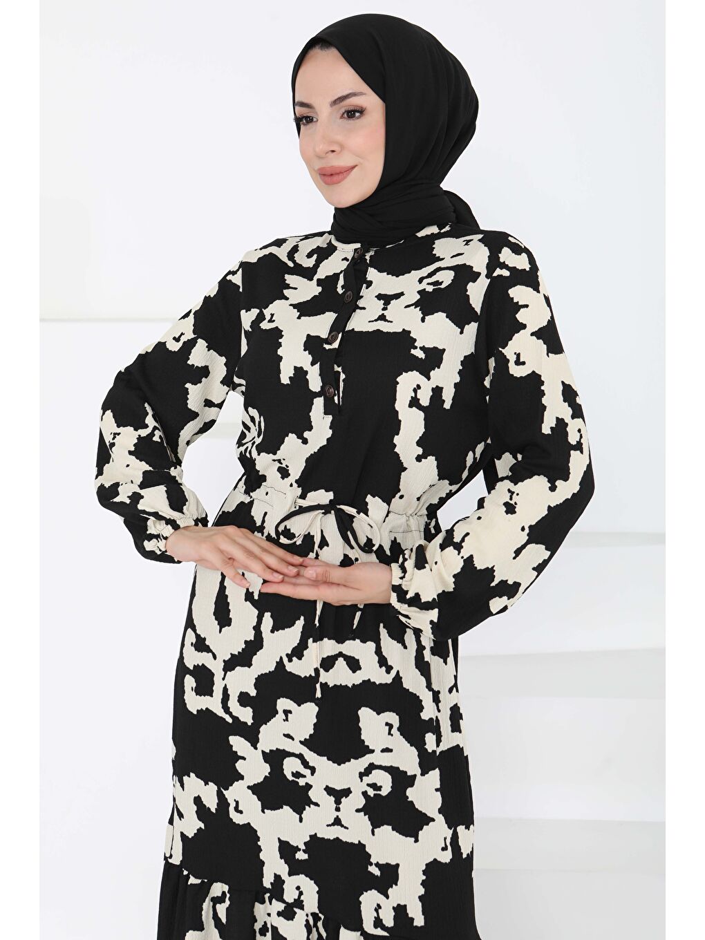 Desenli Düğmeli Elbise Siyah - 27189-4
