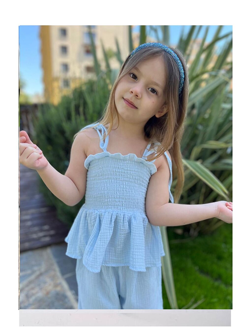 Mavi Fırfır Detaylı Kız Çocuk Takım-1