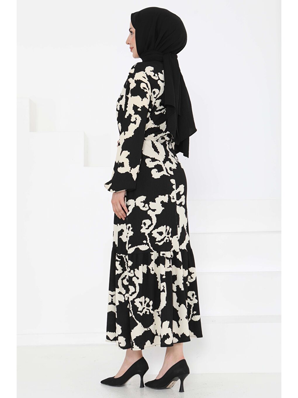 Desenli Düğmeli Elbise Siyah - 27189-5