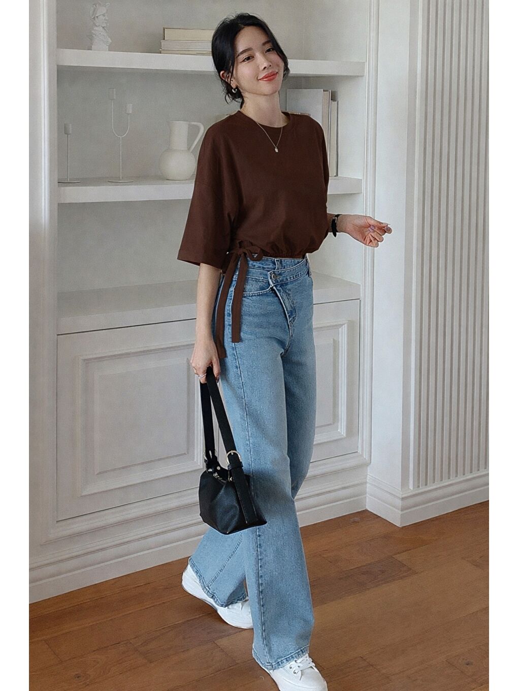 Kahverengi Kadın Oversize Basic Haki Tişört Yan Bağlamalı Rahat Kesim Günlük Yazlık T-Shirt-1