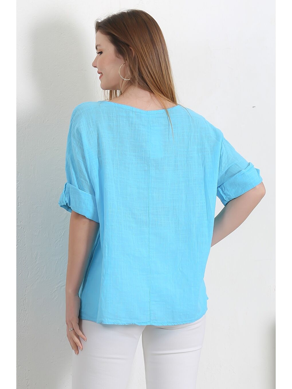 İtalyan Donuk Turuncu Havuz Yaka 3/4 Kol Casual Keten Karışımlı Dokuma Bluz-7