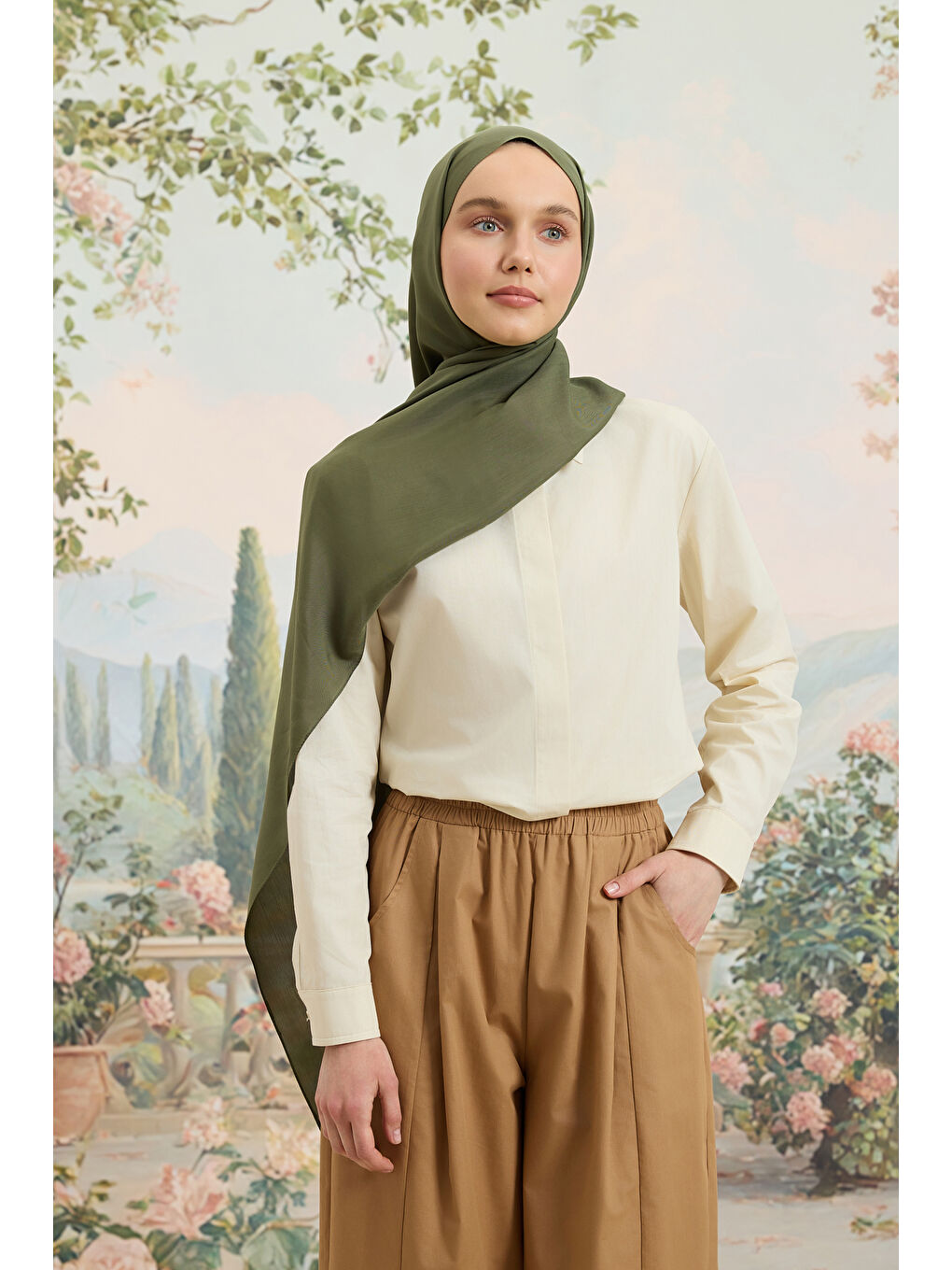 Floş Viskon Düz Şal Haki Yeşil-1