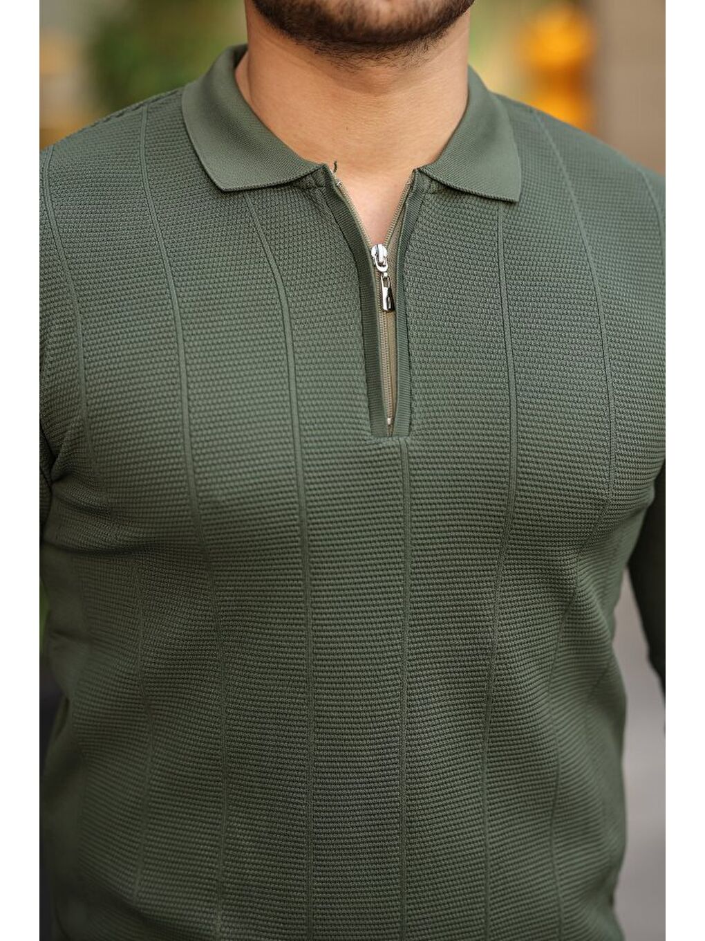 Haki Erkek Pirinç Desenli Uzun Kollu Yakalı Triko-2