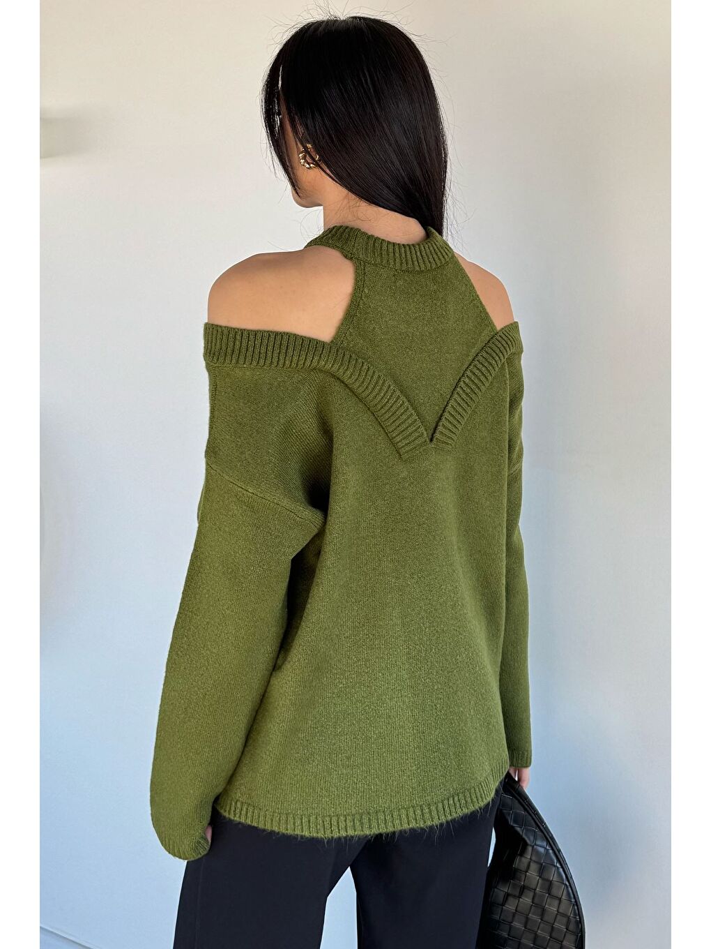 Haki Halter Yaka Kadın Triko Bluz-3