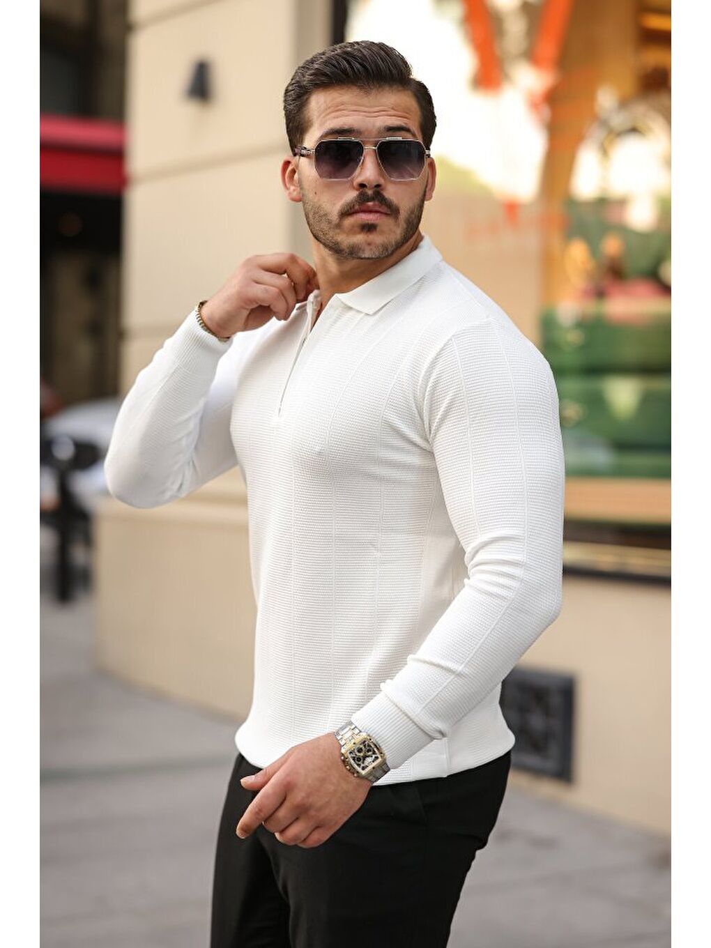 Beyaz Erkek Pirinç Desenli Uzun Kollu Yakalı Triko-1