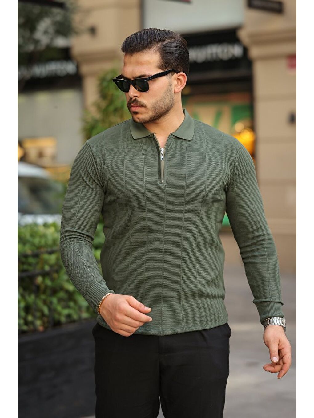 Haki Erkek Pirinç Desenli Uzun Kollu Yakalı Triko-3