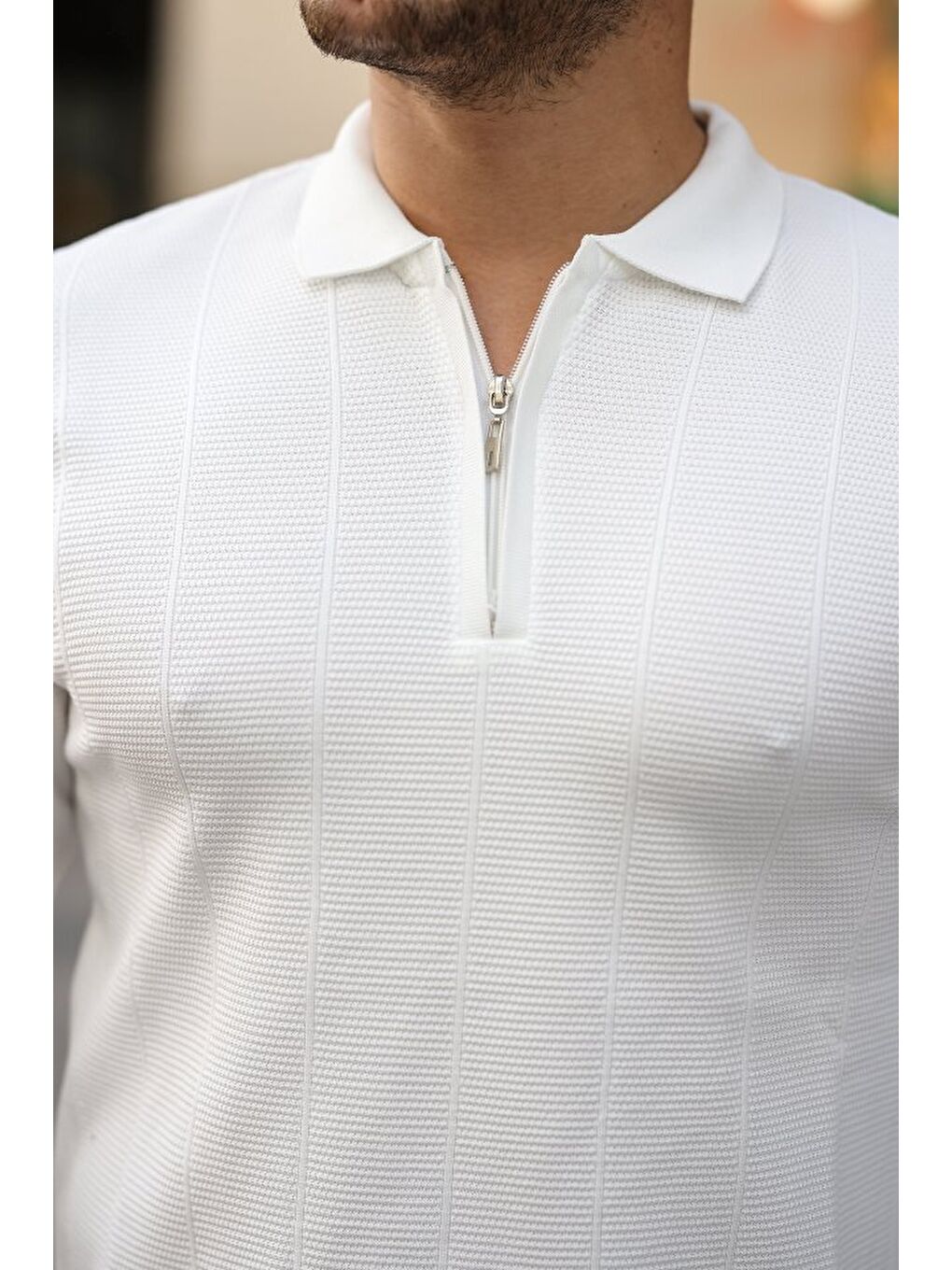 Beyaz Erkek Pirinç Desenli Uzun Kollu Yakalı Triko-2