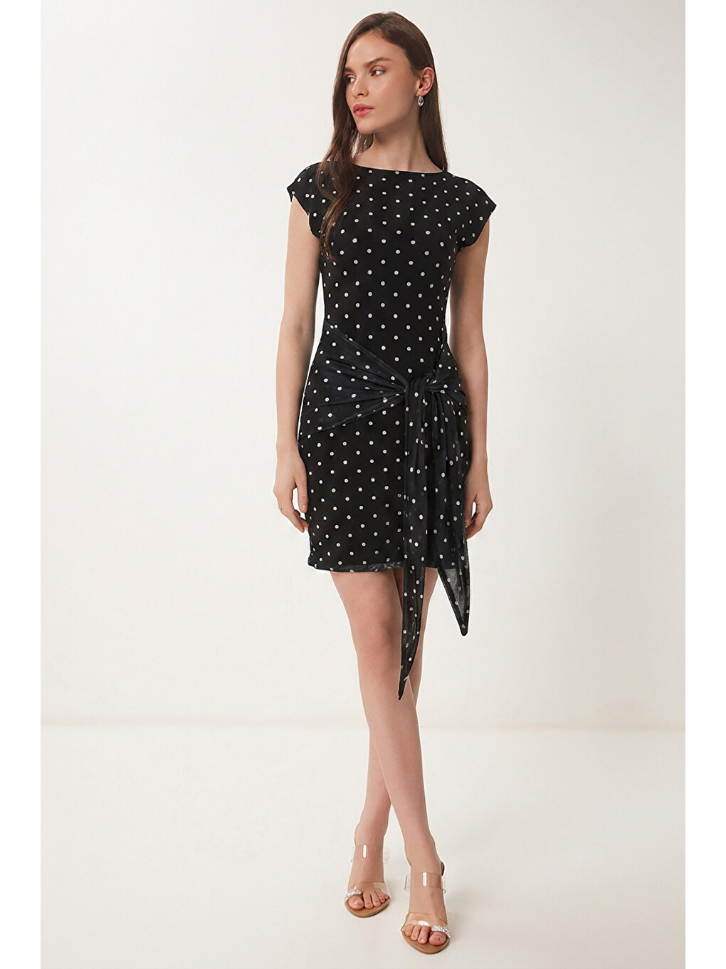 Puantiyeli Bağlamalı Yazlık Tül Elbise Siyah Lfw0019