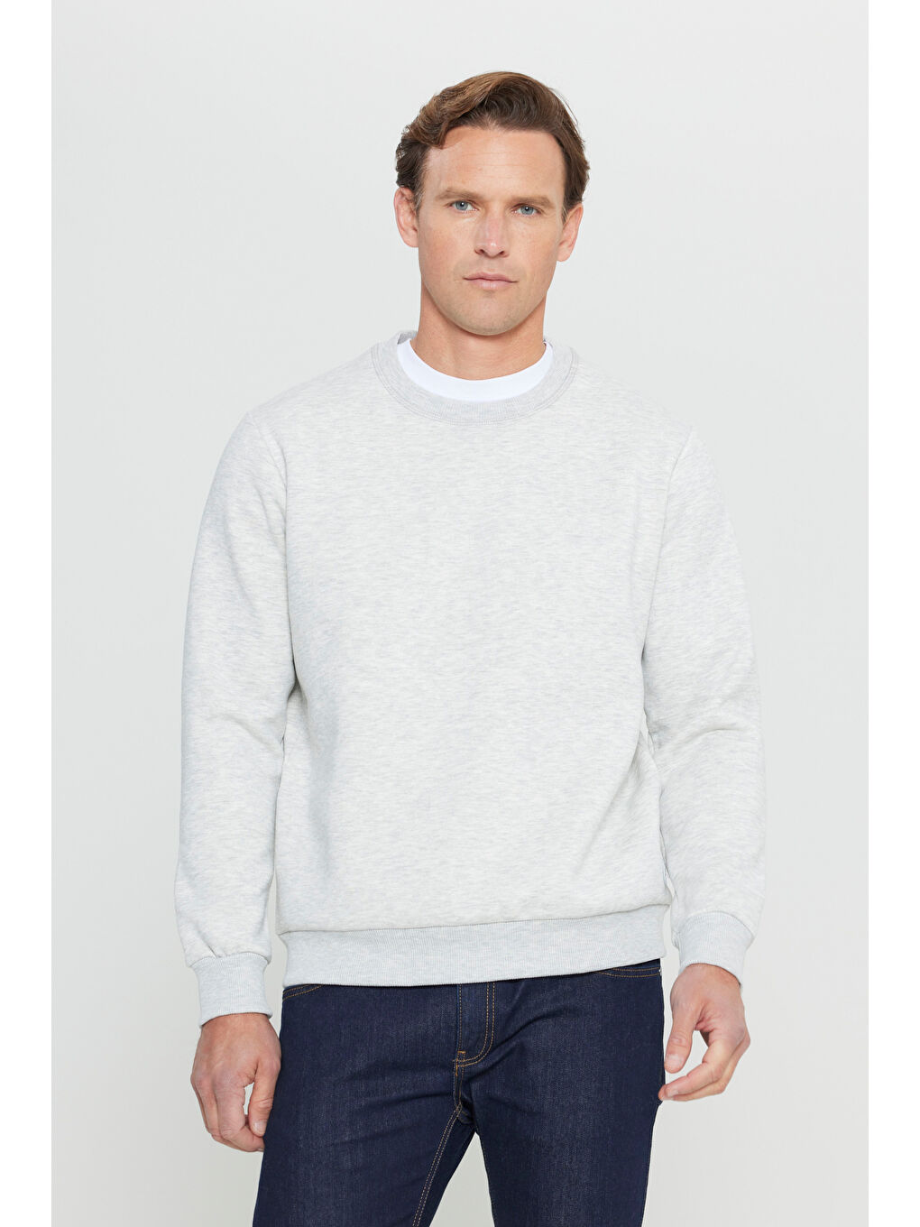 Beyaz Erkek Kar Melanj Standart Fit Normal Kesim İçi Polarlı Bisiklet Yaka Sweatshirt