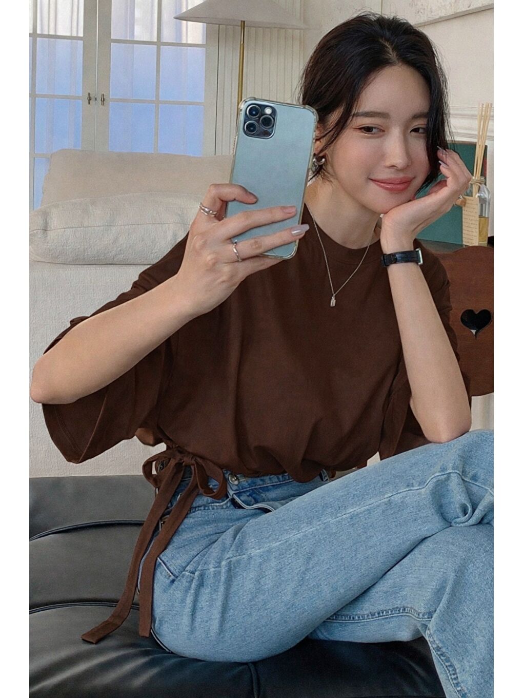 Kahverengi Kadın Oversize Basic Haki Tişört Yan Bağlamalı Rahat Kesim Günlük Yazlık T-Shirt-3