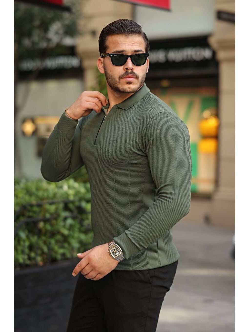 Haki Erkek Pirinç Desenli Uzun Kollu Yakalı Triko-4