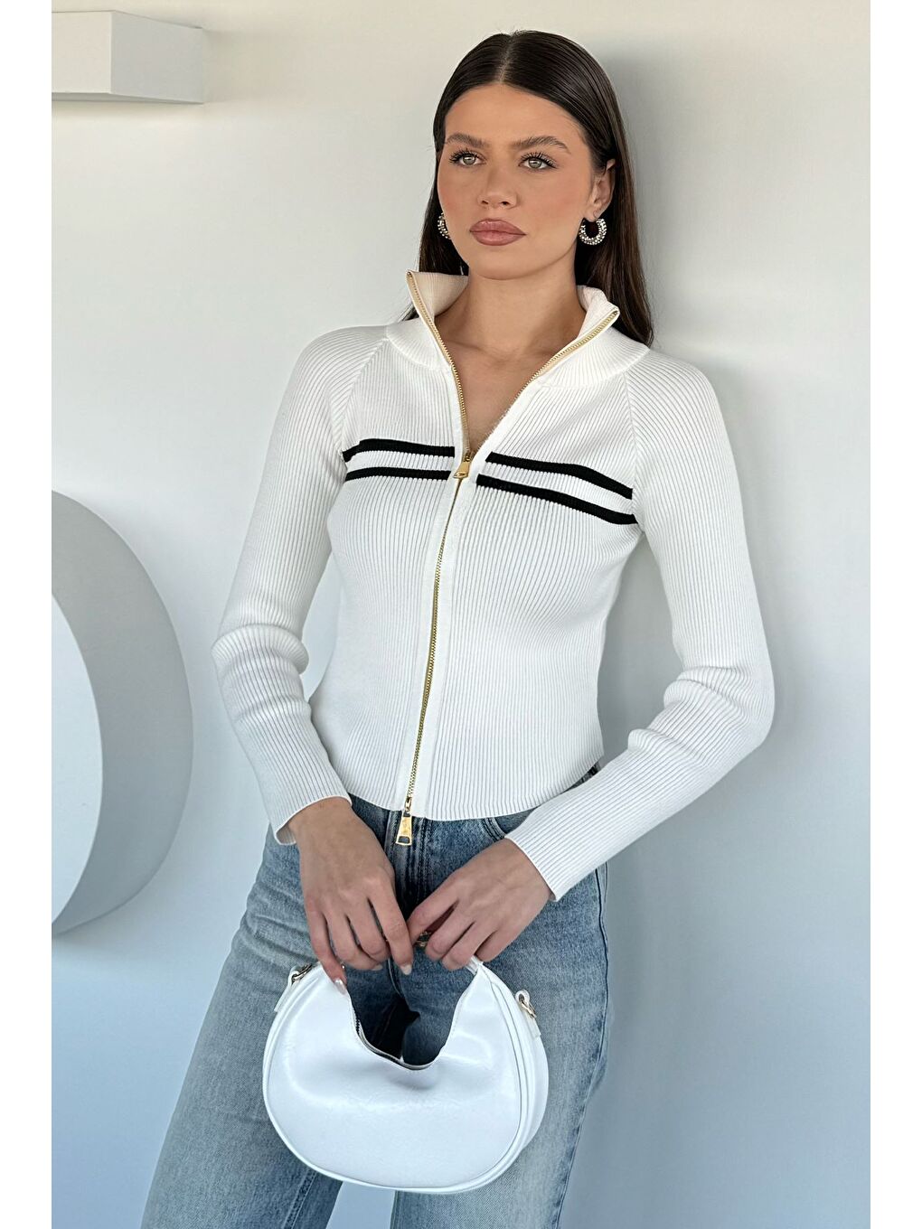 Ekru Kadın Dik Yaka Çift Fermuarlı Triko Hırka