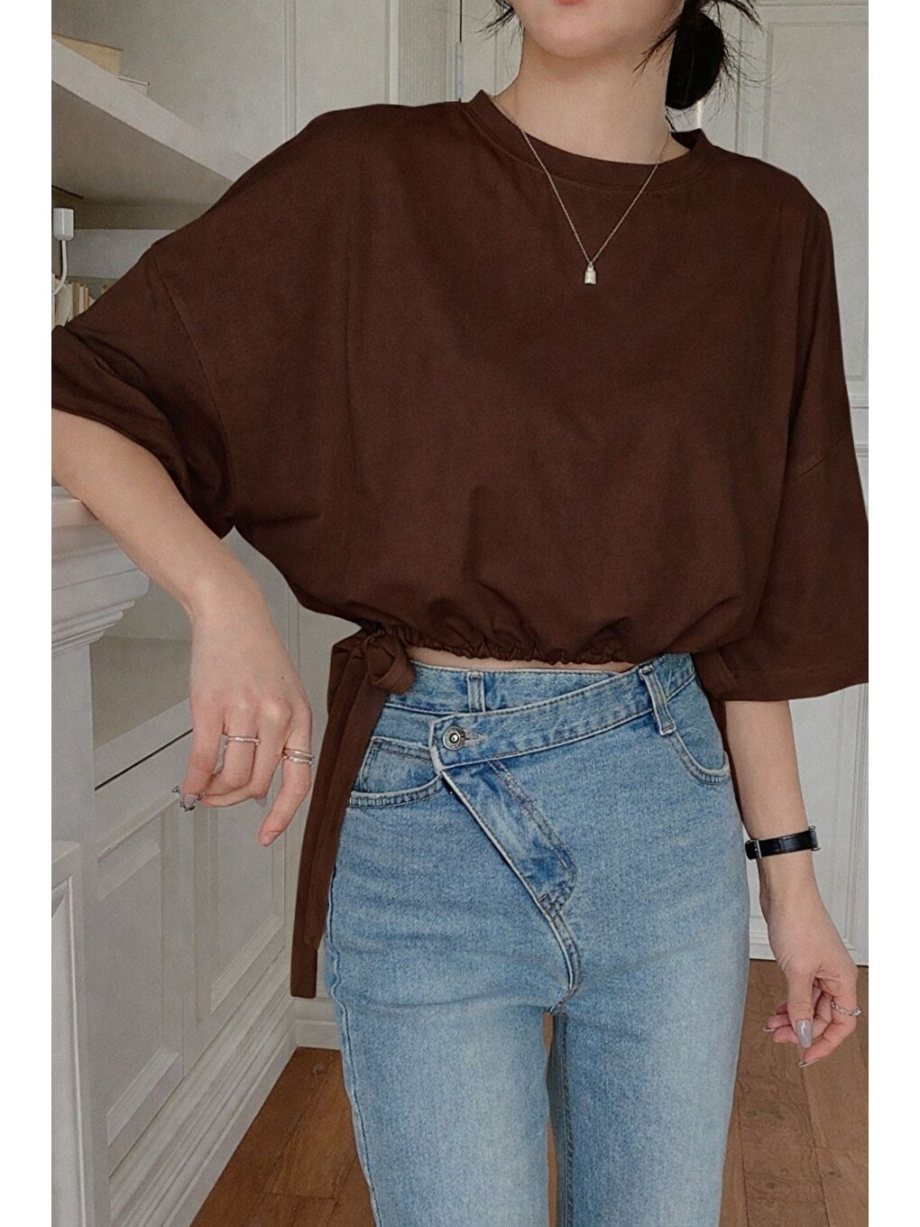 Kahverengi Kadın Oversize Basic Haki Tişört Yan Bağlamalı Rahat Kesim Günlük Yazlık T-Shirt-4