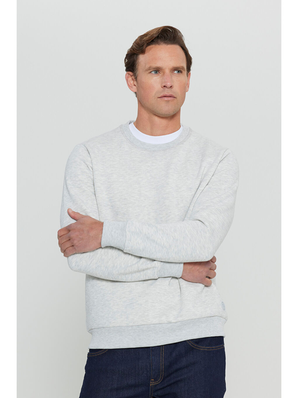 Beyaz Erkek Kar Melanj Standart Fit Normal Kesim İçi Polarlı Bisiklet Yaka Sweatshirt-2