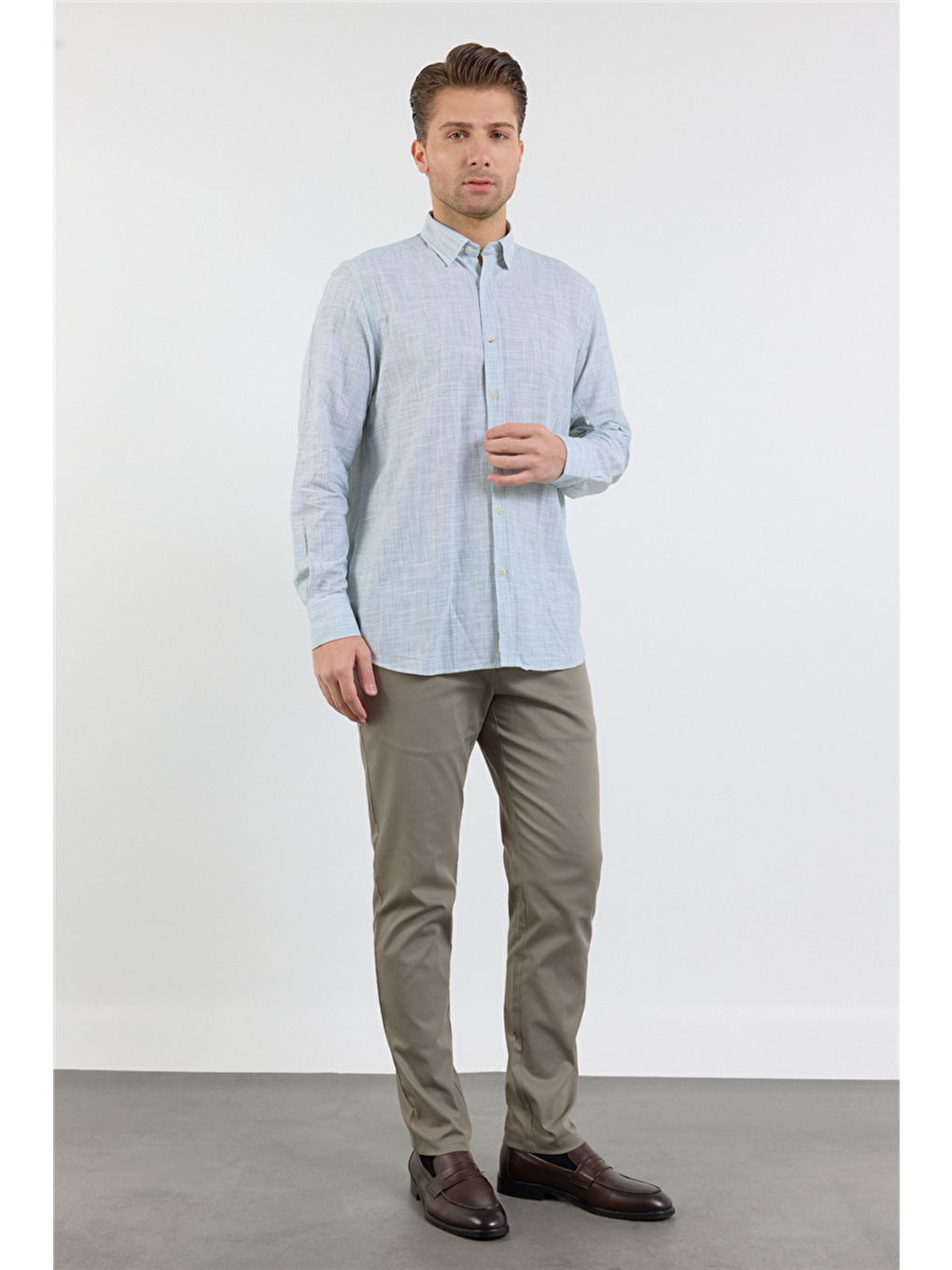 Açık Yeşil Uzun Kol Cepsiz Pamuk Casual Comfort Fit Gömlek 1004250127-1