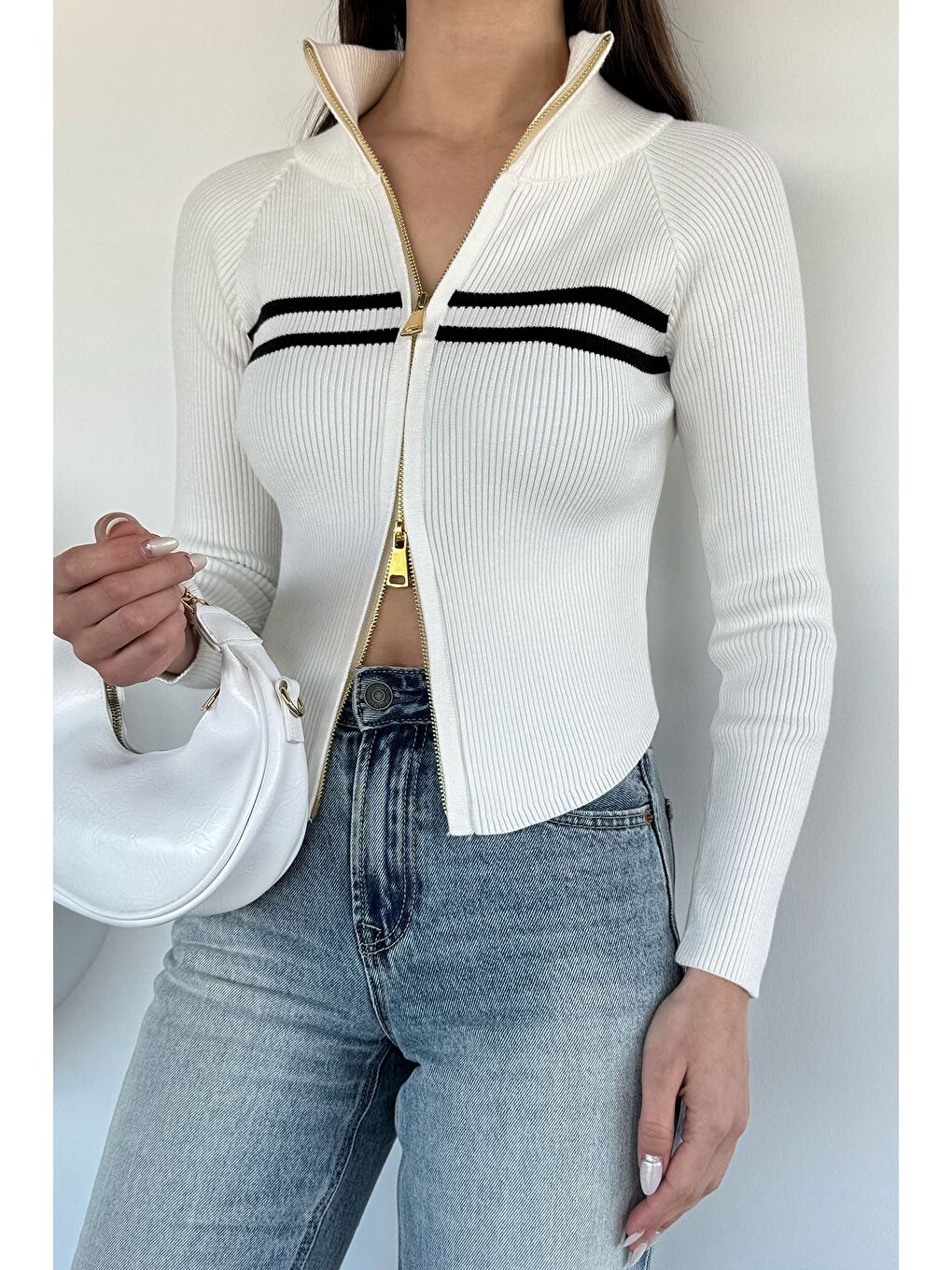 Ekru Kadın Dik Yaka Çift Fermuarlı Triko Hırka-2