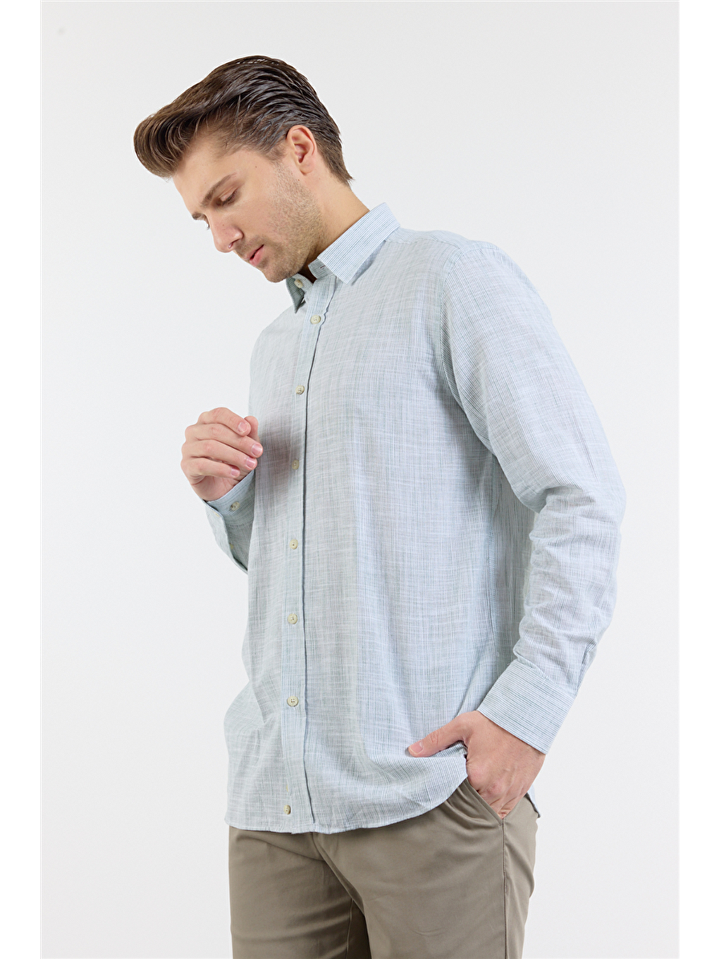 Açık Yeşil Uzun Kol Cepsiz Pamuk Casual Comfort Fit Gömlek 1004250127-2