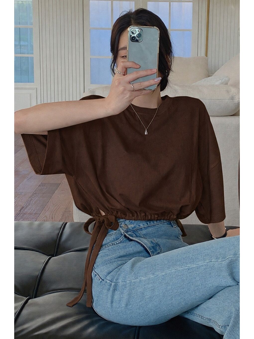 Kahverengi Kadın Oversize Basic Haki Tişört Yan Bağlamalı Rahat Kesim Günlük Yazlık T-Shirt-5