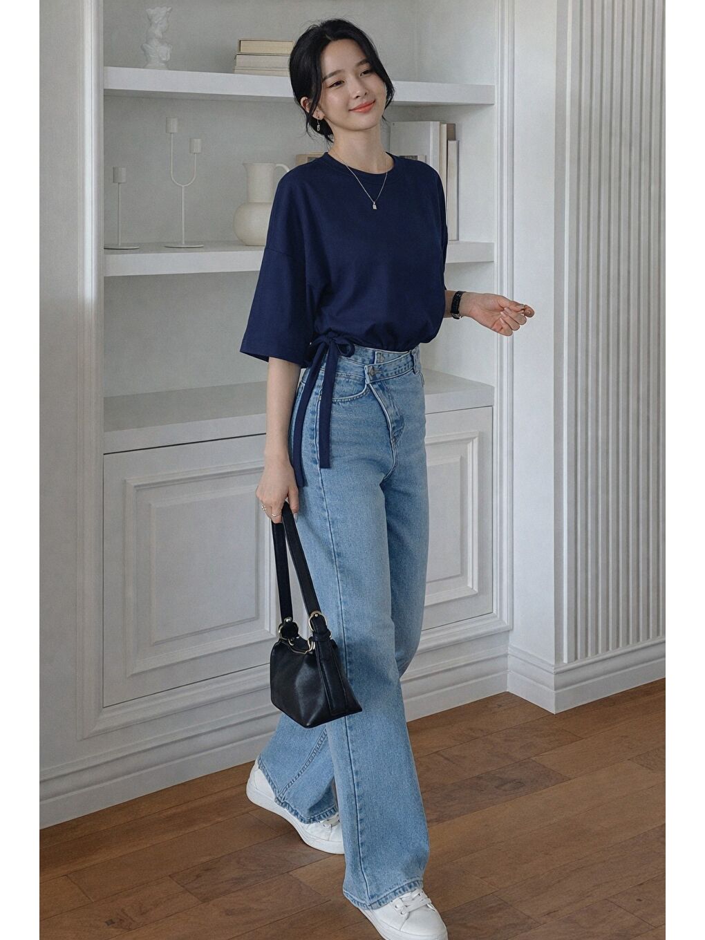 Lacivert Kadın Oversize Basic Haki Tişört Yan Bağlamalı Rahat Kesim Günlük Yazlık T-Shirt-1