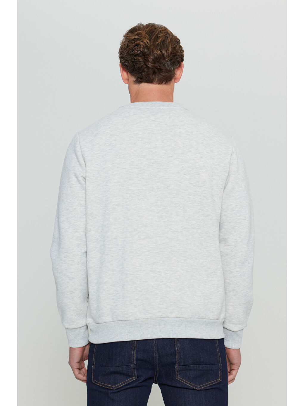 Beyaz Erkek Kar Melanj Standart Fit Normal Kesim İçi Polarlı Bisiklet Yaka Sweatshirt-4